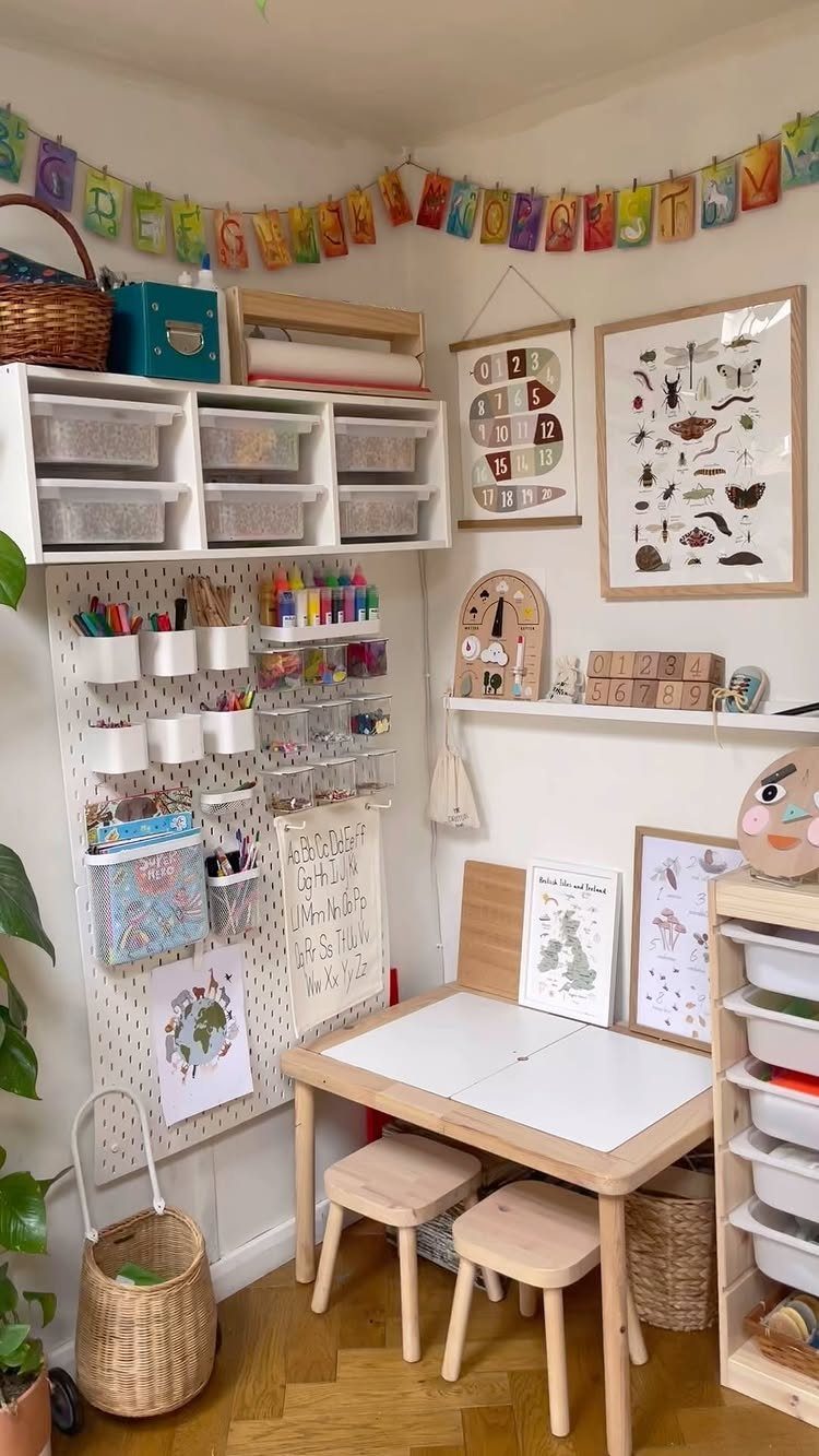 9 Small Play Area Ideas for Families Short on Space 1 A white pegboard organizer filled with colorful art supplies above a small wooden child's table.