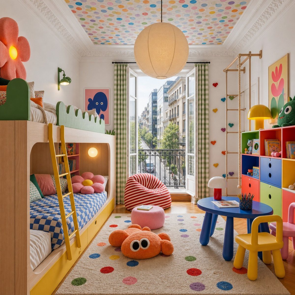 23 Small Playroom Design Ideas That Fit Real Rooms 12 Colorful child's bedroom with polka-dot ceiling, patterned rug, and bright furniture in a sunlit room.