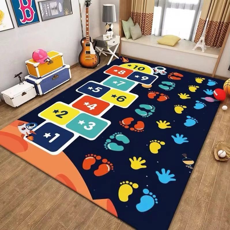 23 Small Playroom Design Ideas That Fit Real Rooms 17 A colorful numbered stepping stone play mat on a wooden floor in a bright room.