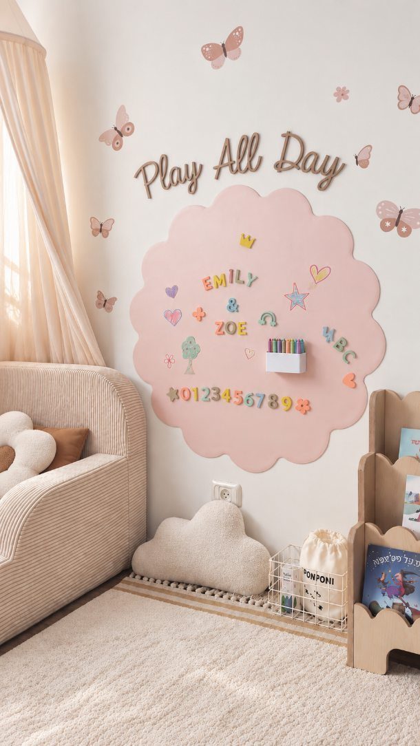 Pink cloud-shaped magnetic wall with colorful letters and shapes in a bright playroom.