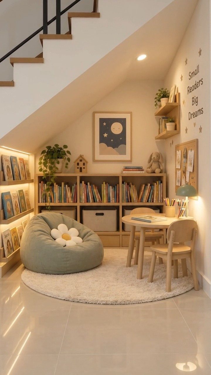 A cozy reading nook under stairs with a beanbag, bookshelves, and a small wooden table set.