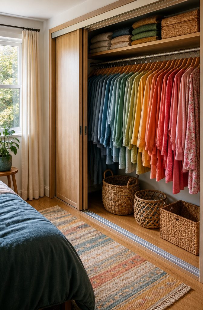 Small Room Organization Bedroom Guide for Tight Spaces 5 A closet with neatly hung clothes arranged by color.
