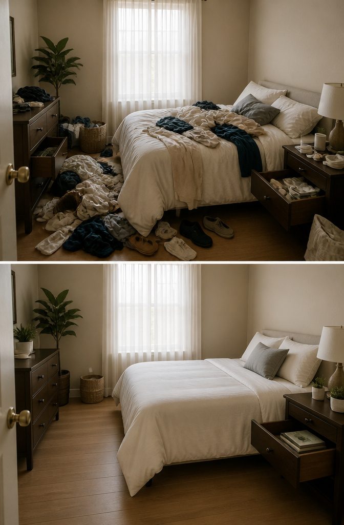 Small Room Organization Bedroom Guide for Tight Spaces 1 A cluttered bedroom with various items scattered around.
