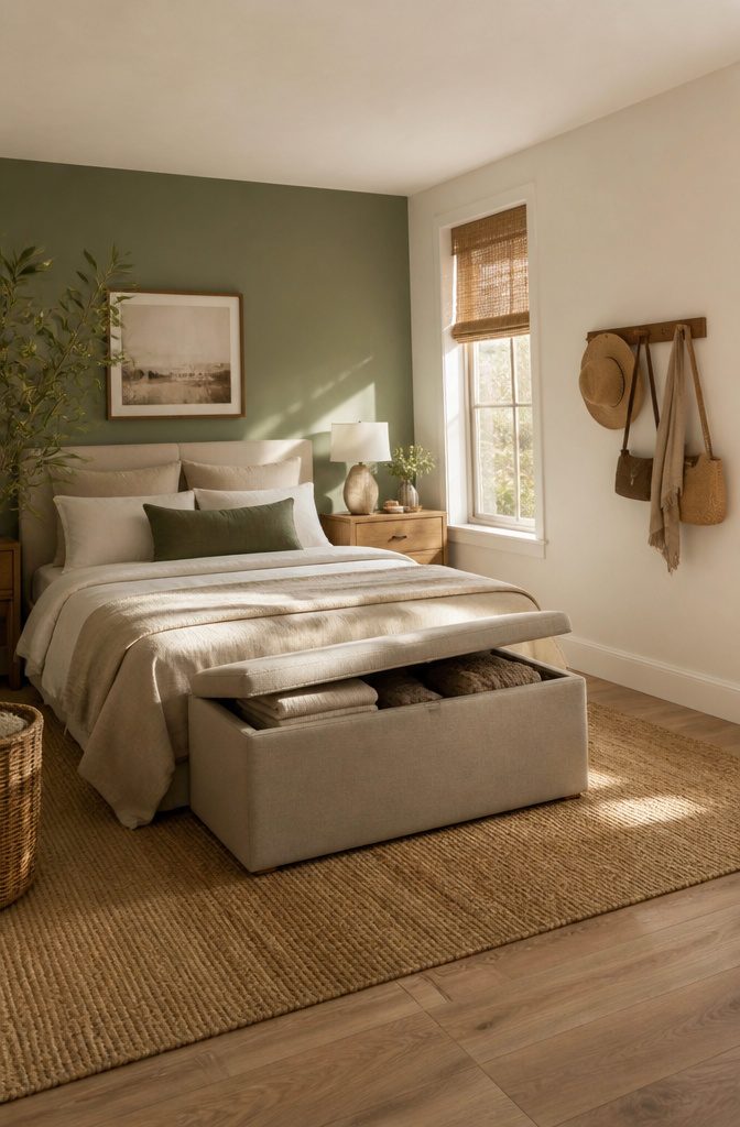 Small Room Organization Bedroom Guide for Tight Spaces 4 A storage bench at the foot of a bed with a hinged lid.