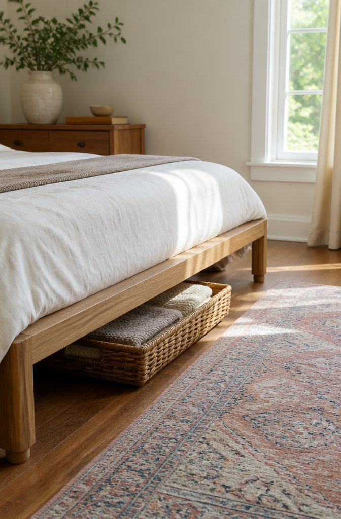 Small Room Organization Bedroom Guide for Tight Spaces 2 A low bedframe with a basket peeking out from under it.