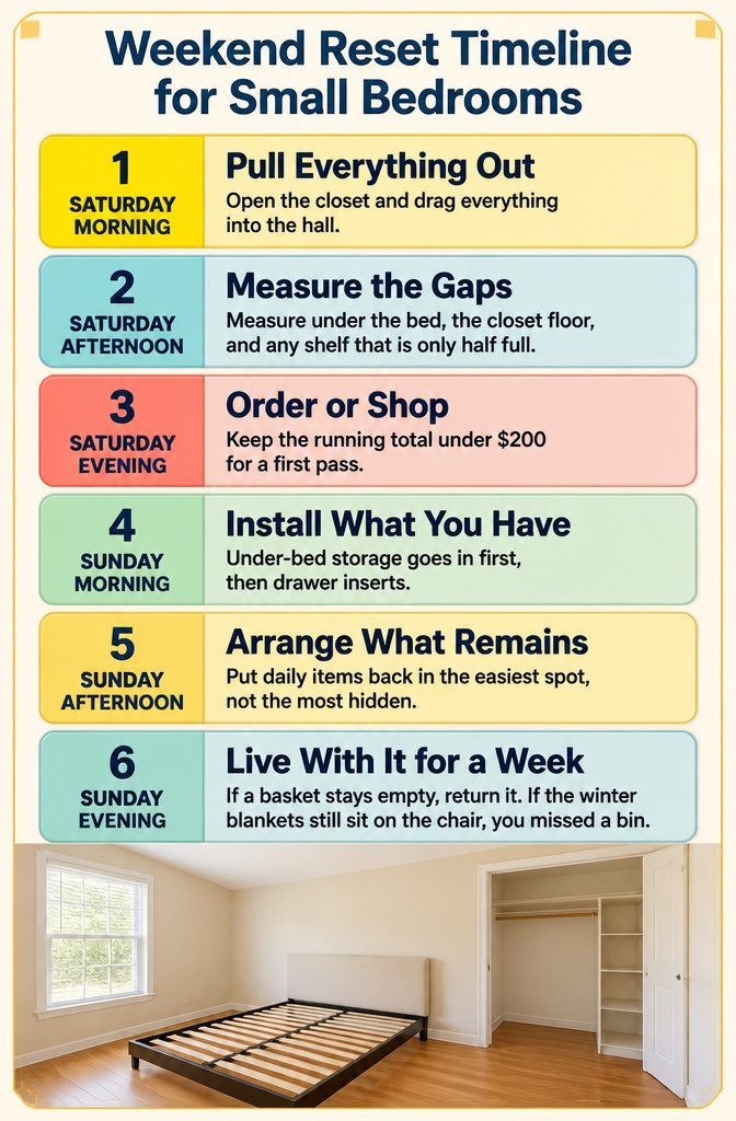 Small Room Organization Bedroom Guide for Tight Spaces 8 A timeline graphic detailing a weekend bedroom organization plan.