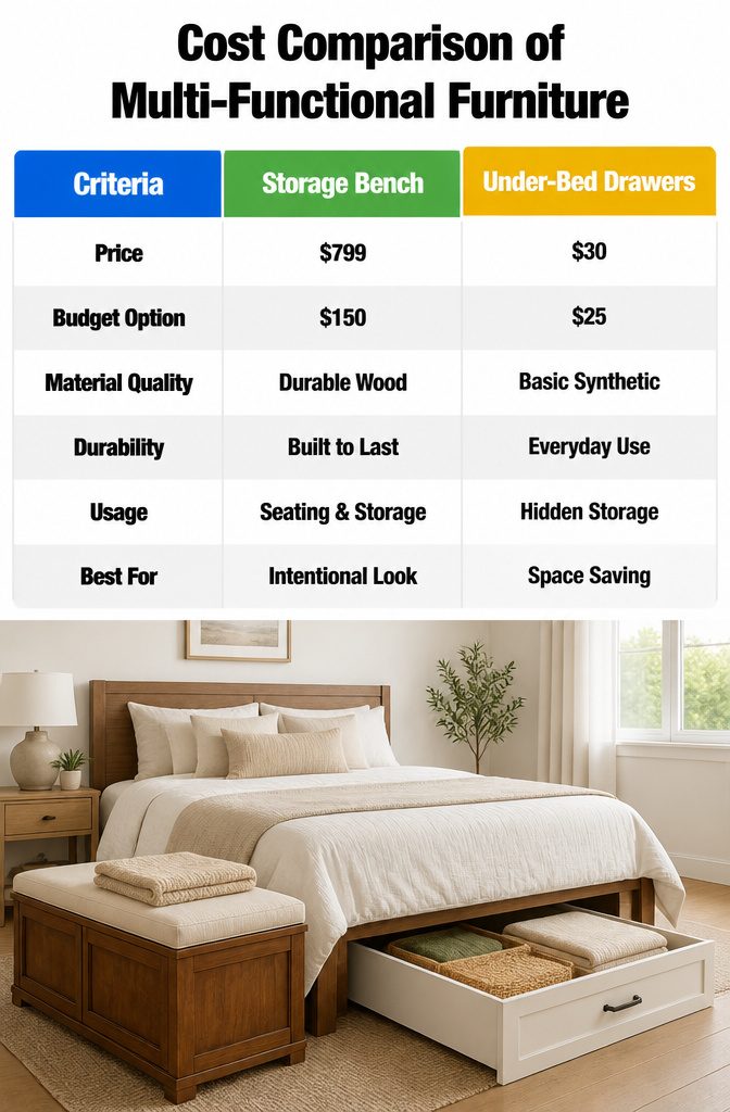 Small Room Organization Bedroom Guide for Tight Spaces 7 An infographic comparing prices of multi-functional furniture.
