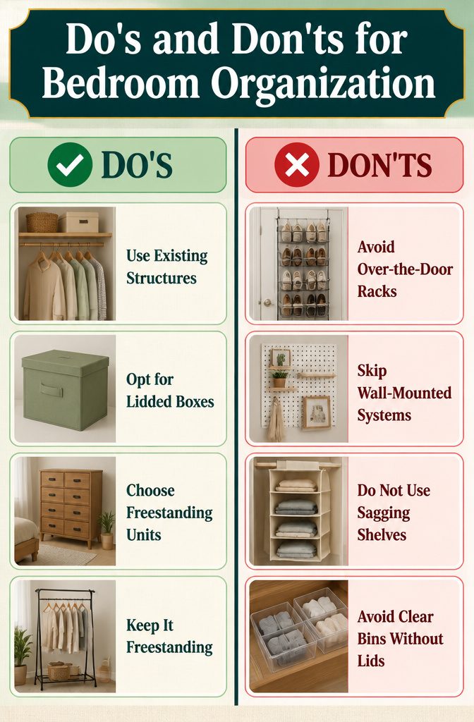 Small Room Organization Bedroom Guide for Tight Spaces 9 A list of do's and don'ts for bedroom organization.