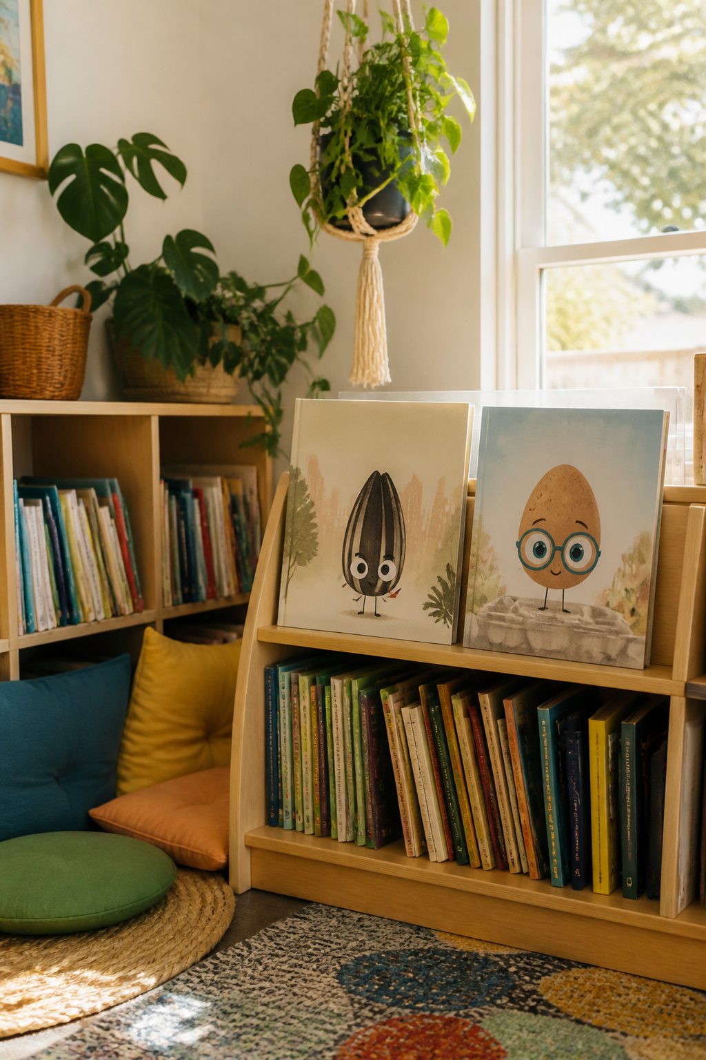 Two picture books, *The Bad Seed* and *The Good Egg*, displayed on a wooden shelf.