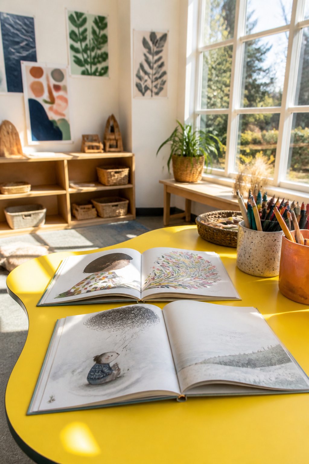 Two picture books, *Don't Worry, Murray* and *The Day You Begin*, on a yellow table.