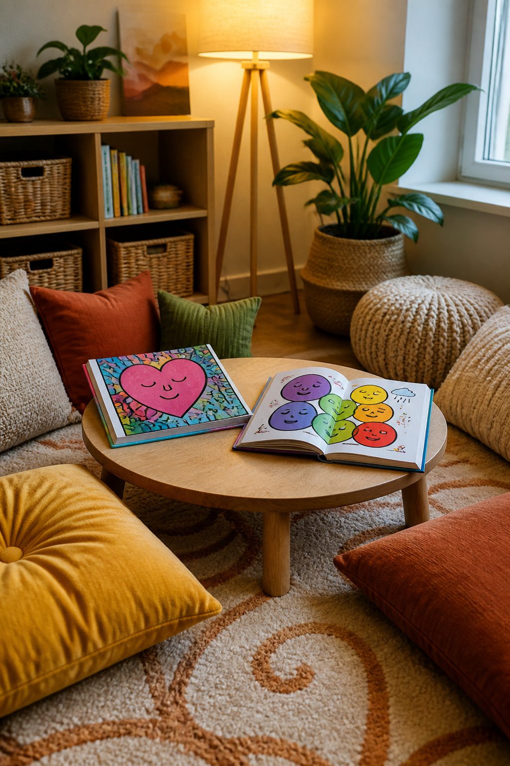 Two picture books, *I Feel* and *Big Feelings*, displayed on a low wooden table.