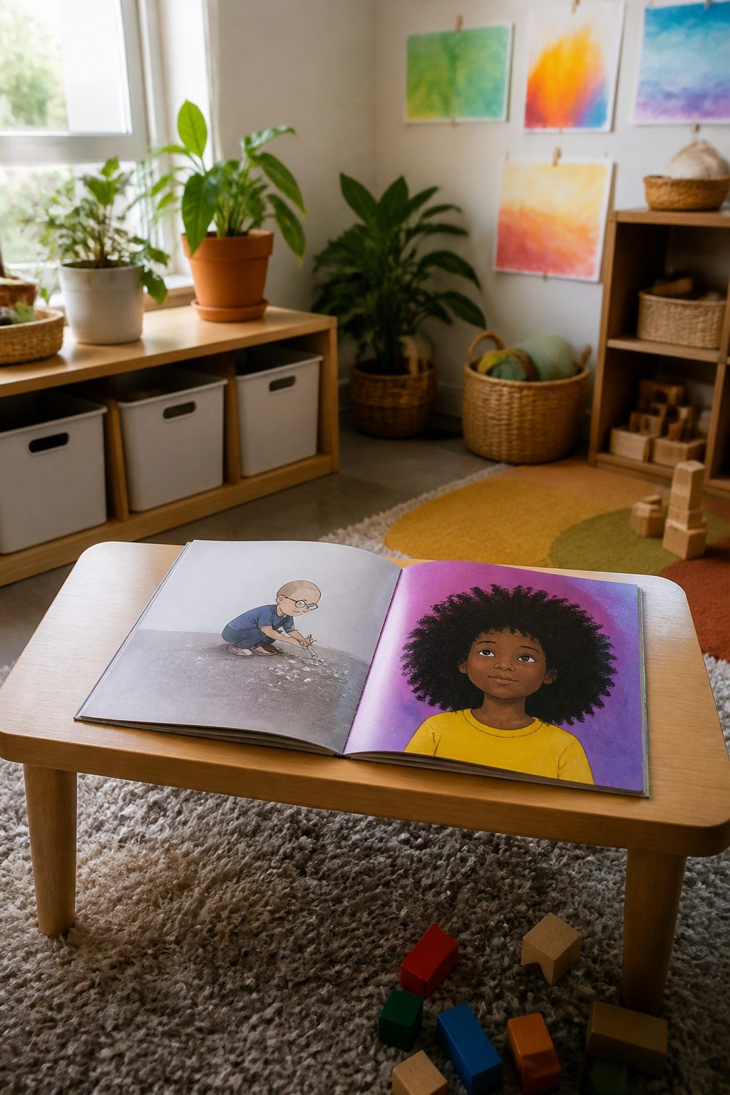 Two open picture books, *The Invisible Boy* and *I Am Enough*, on a low table.