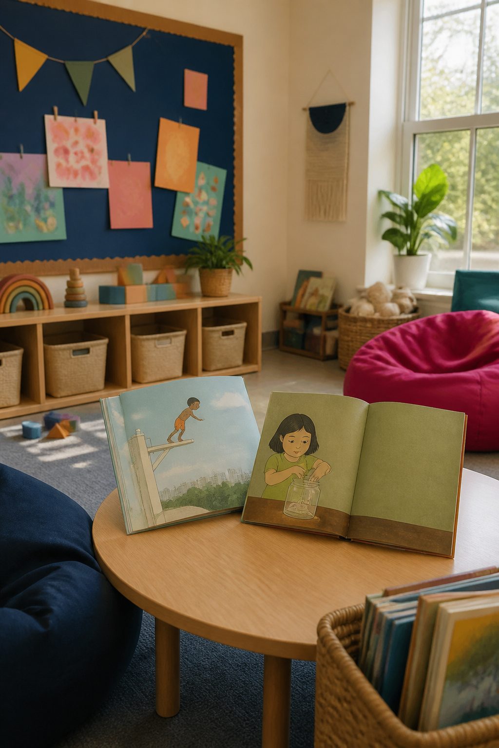 Two picture books, *Jabari Jumps* and *The Name Jar*, on a circular table.