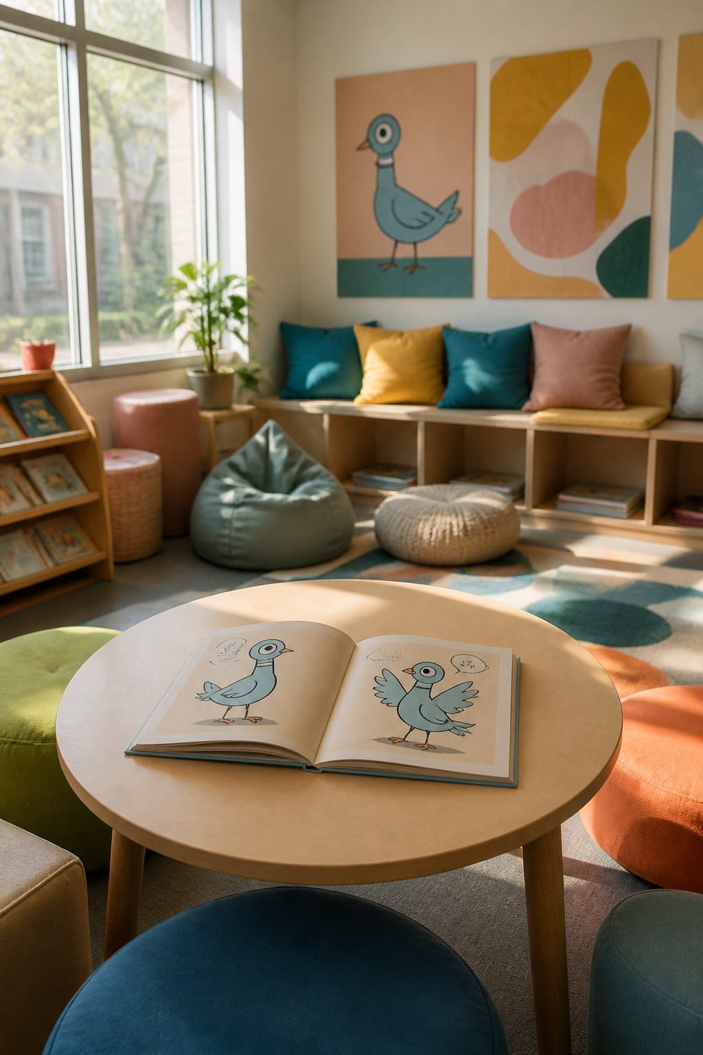 Open book, *The Pigeon Has Feelings, Too!*, on a small round table in a reading corner.