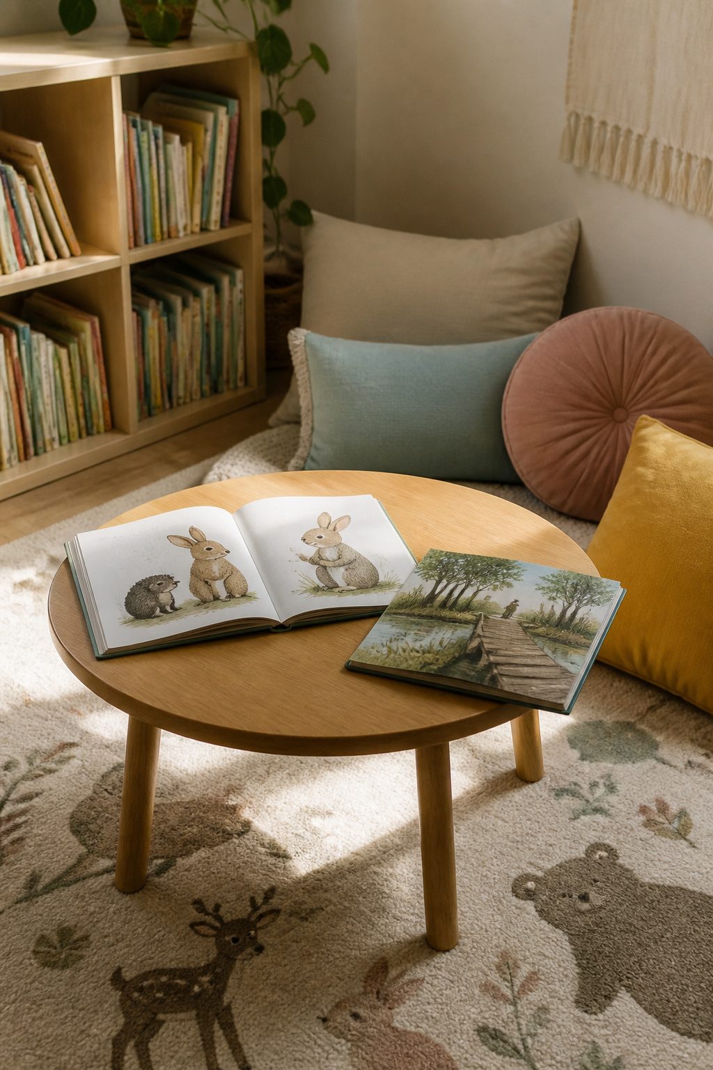 Two picture books, *The Rabbit Listened* and *Each Kindness*, on a small wooden table.