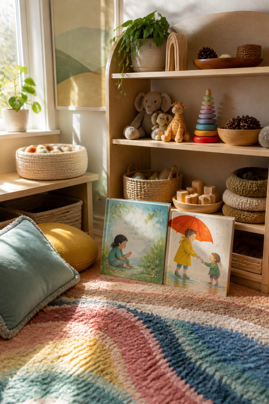 Two picture books, *What Does It Mean to Be Present* and *I Can Help*, on a bookshelf.