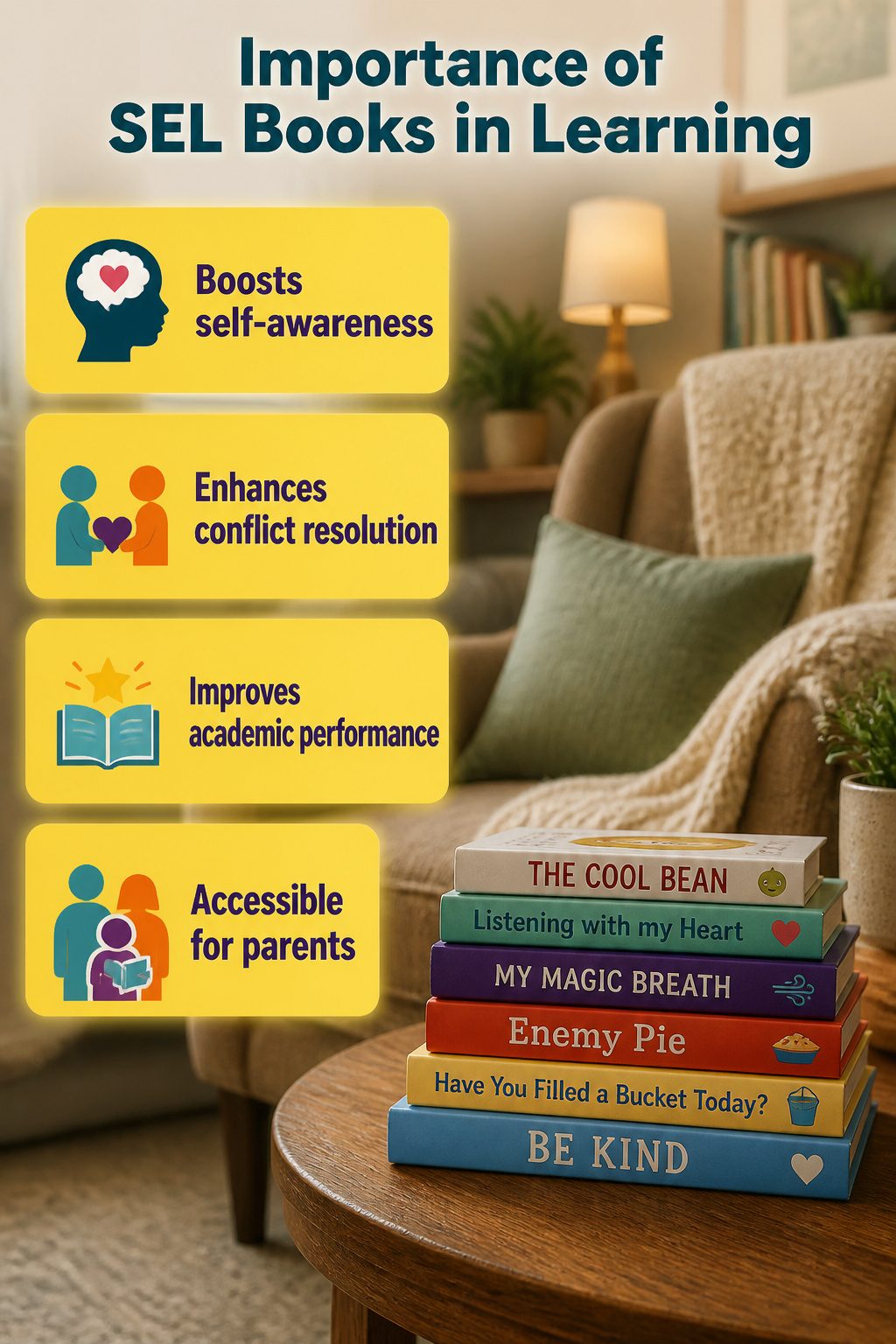 Graphic image highlighting the importance of social emotional learning books.