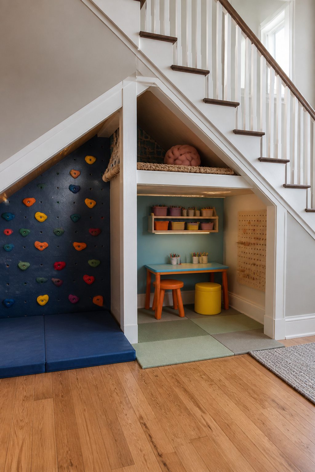 Under stairs adventure fort featuring a climbing wall and playtable.