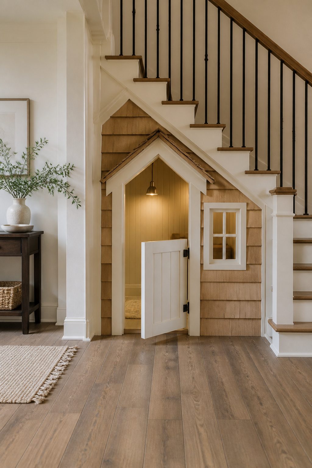 Under stairs playhouse with cedar shake roofing and a split Dutch door.