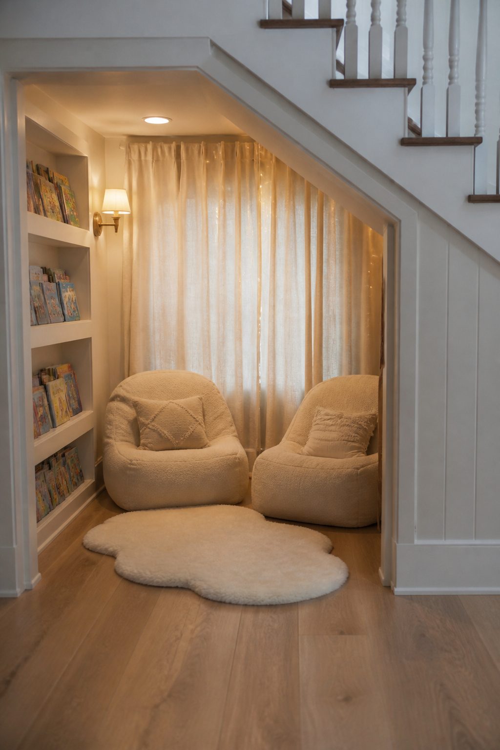 Under stairs reading nook with children's chairs and shelves of books.