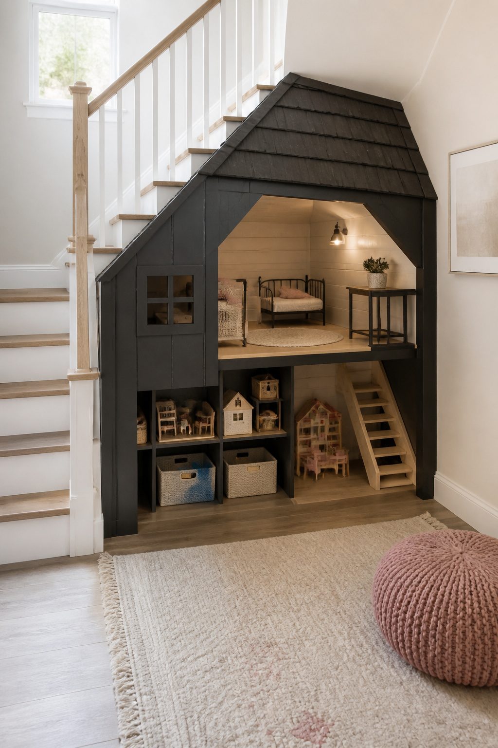Under stairs dollhouse play area with a black shingle roof and storage.