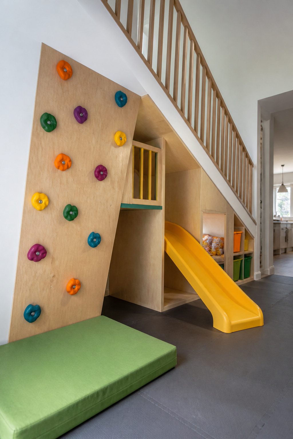 Under stairs obstacle course featuring a climbing wall and a slide.