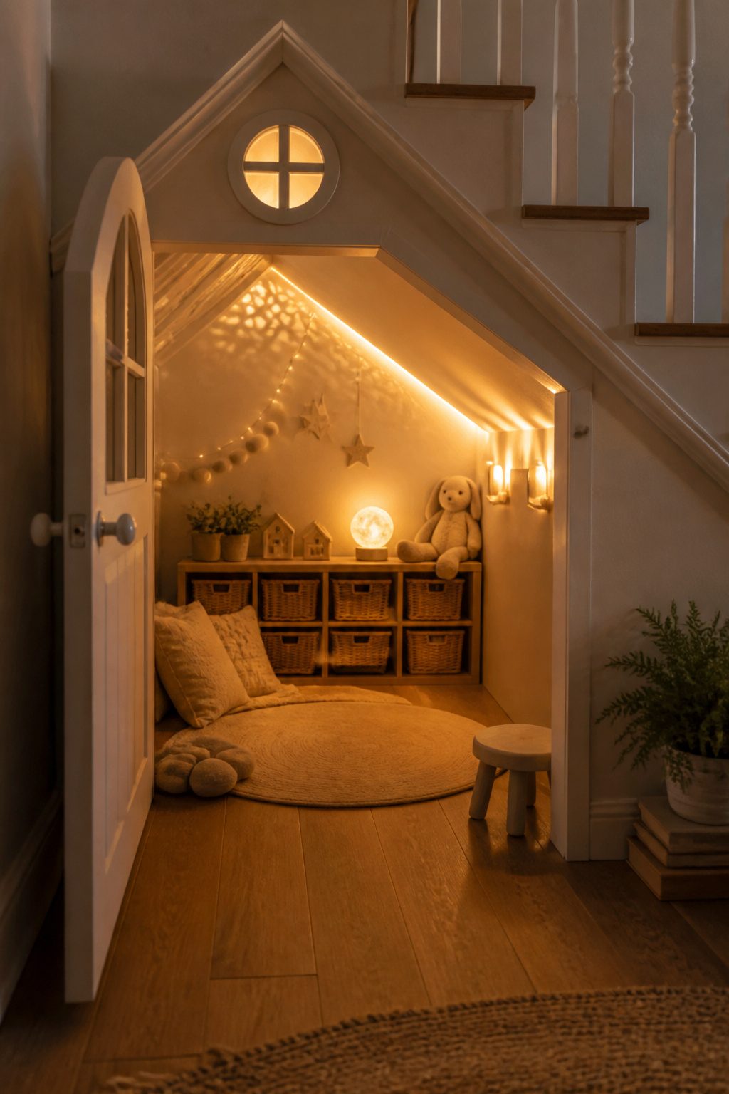 Under stairs playhouse illuminated by battery-operated sconces and LED lights.