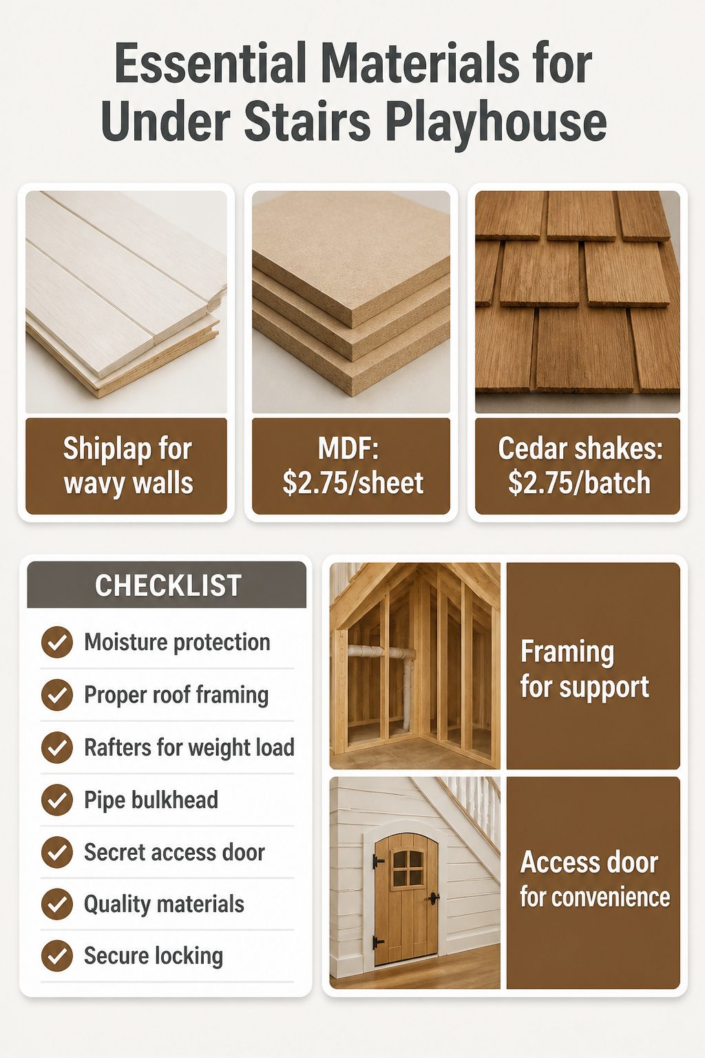 Information image showing materials for building under stairs playhouses.