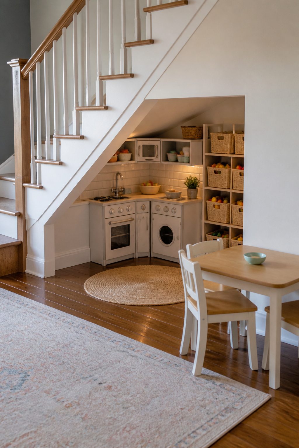 Under stairs kitchen playhouse featuring KidKraft Ultimate Corner Play Kitchen.