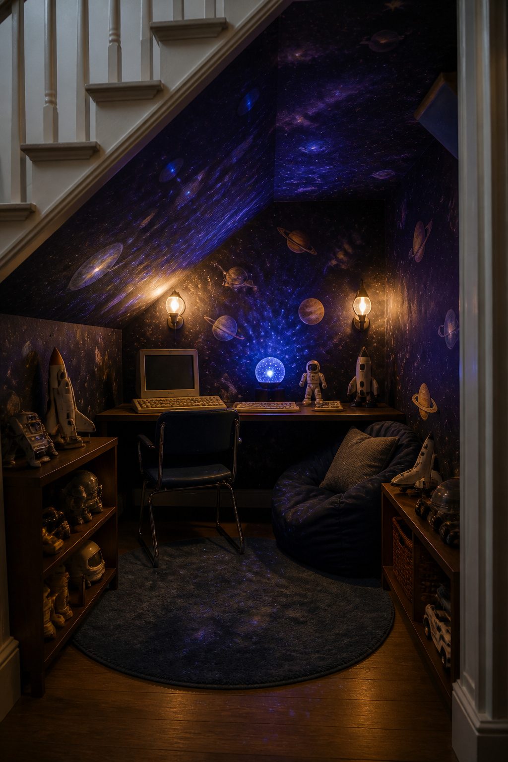 Under stairs playroom featuring galaxy wallpaper and a small desk setup.