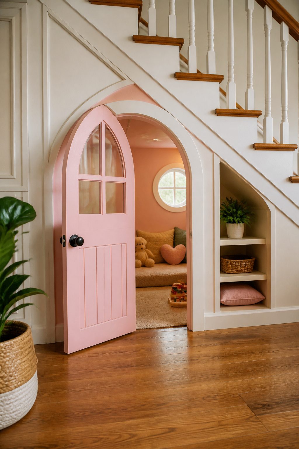 Under stairs cottage play area painted bubble-gum pink with a Dutch door.