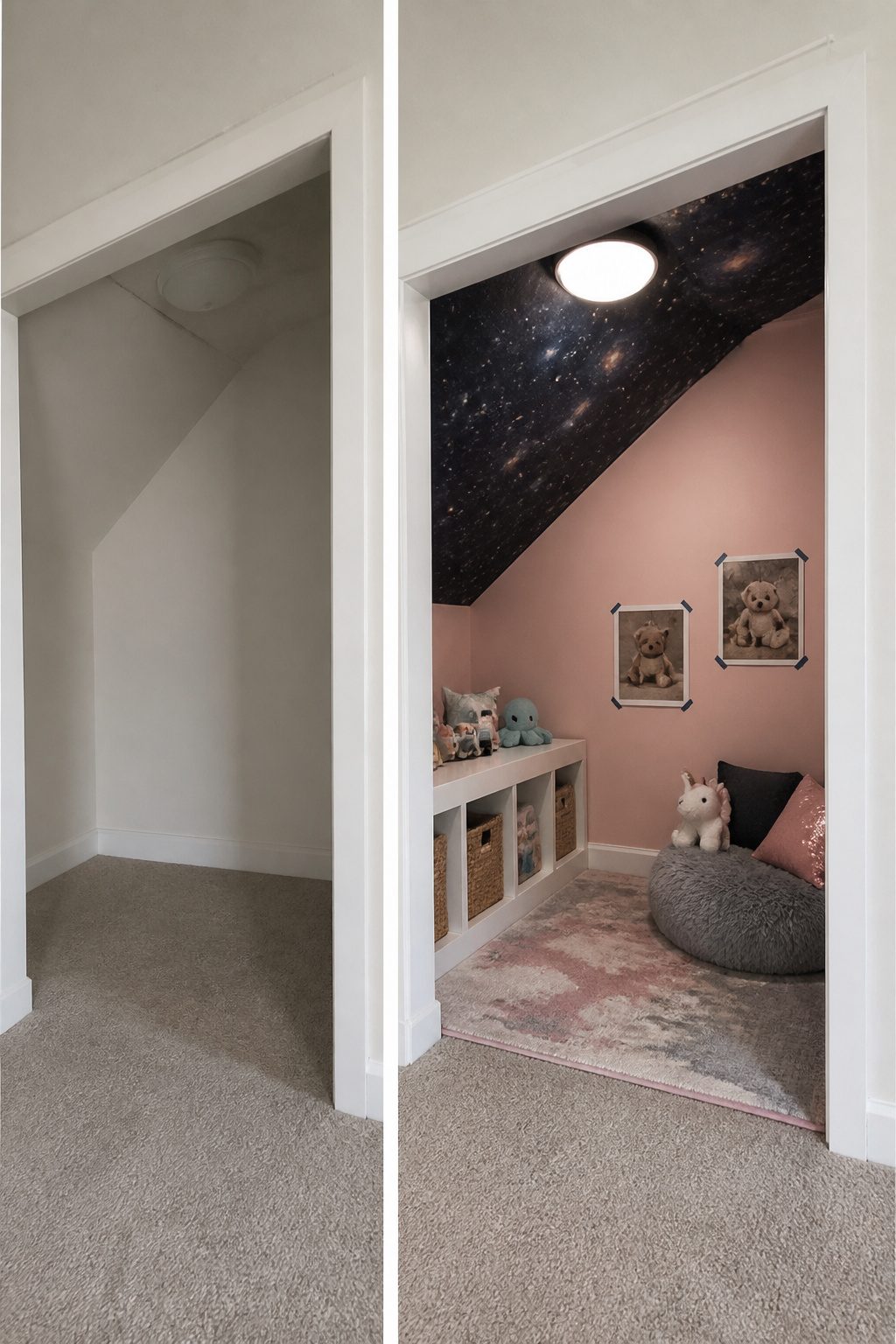 Decorative galaxy wallpaper applied to the ceiling of a play area.