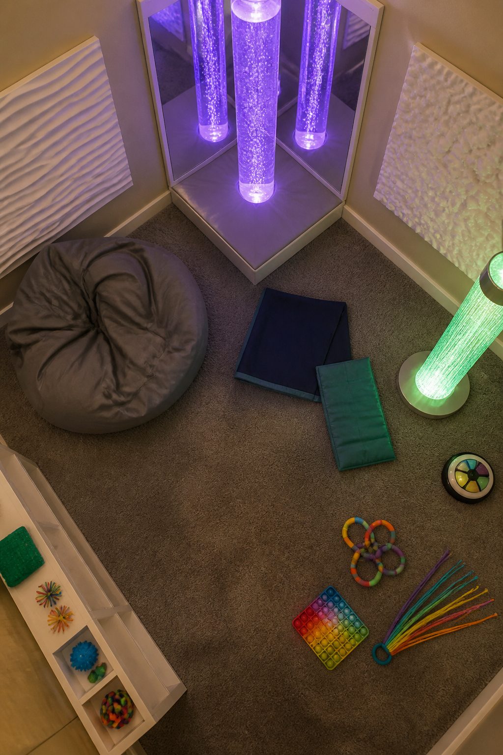 A sensory room featuring dimmable lamps and textured wall panels.