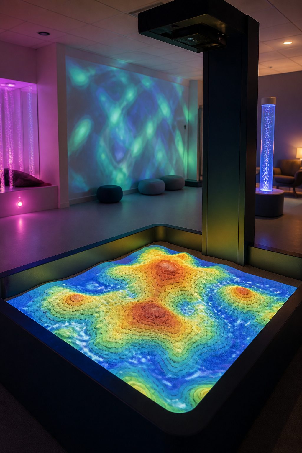 An interactive sensory room with an AR Sandbox and vibrant projections.