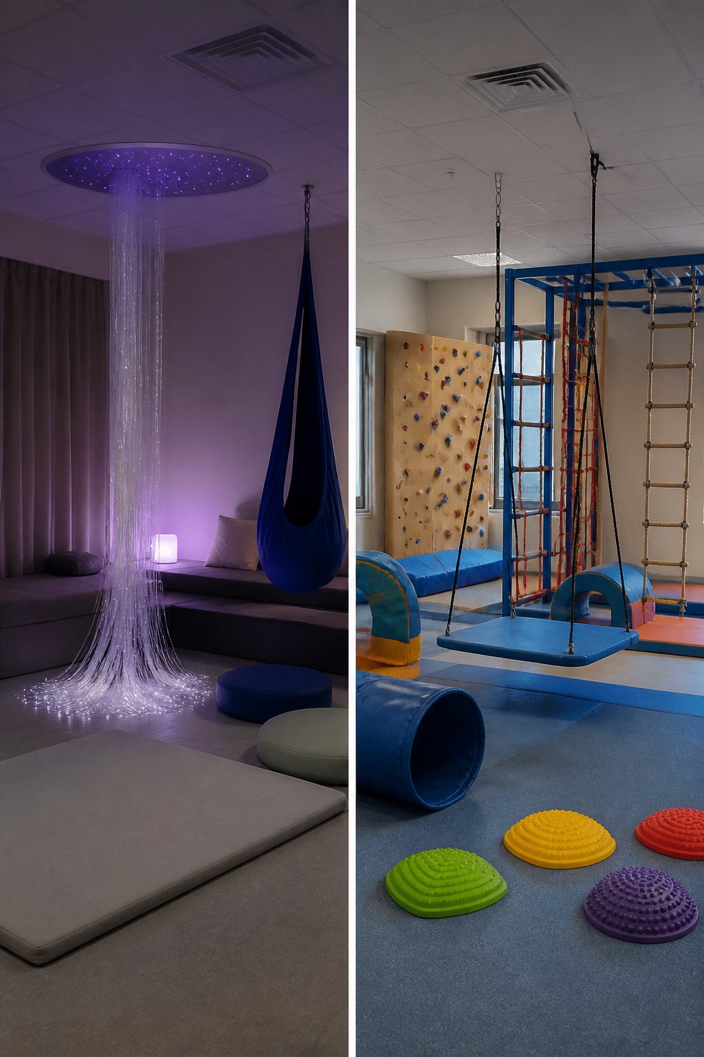 A calming sensory room with mood lighting and a Raindrop Swing.
