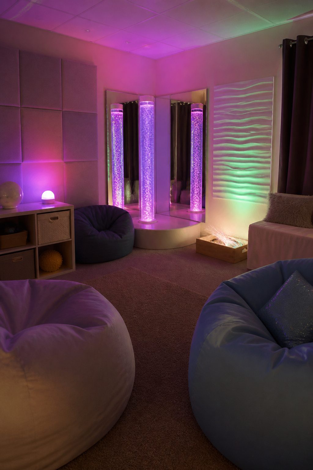 A sensory room with LED lighting, bean bags, and a bubble tube.