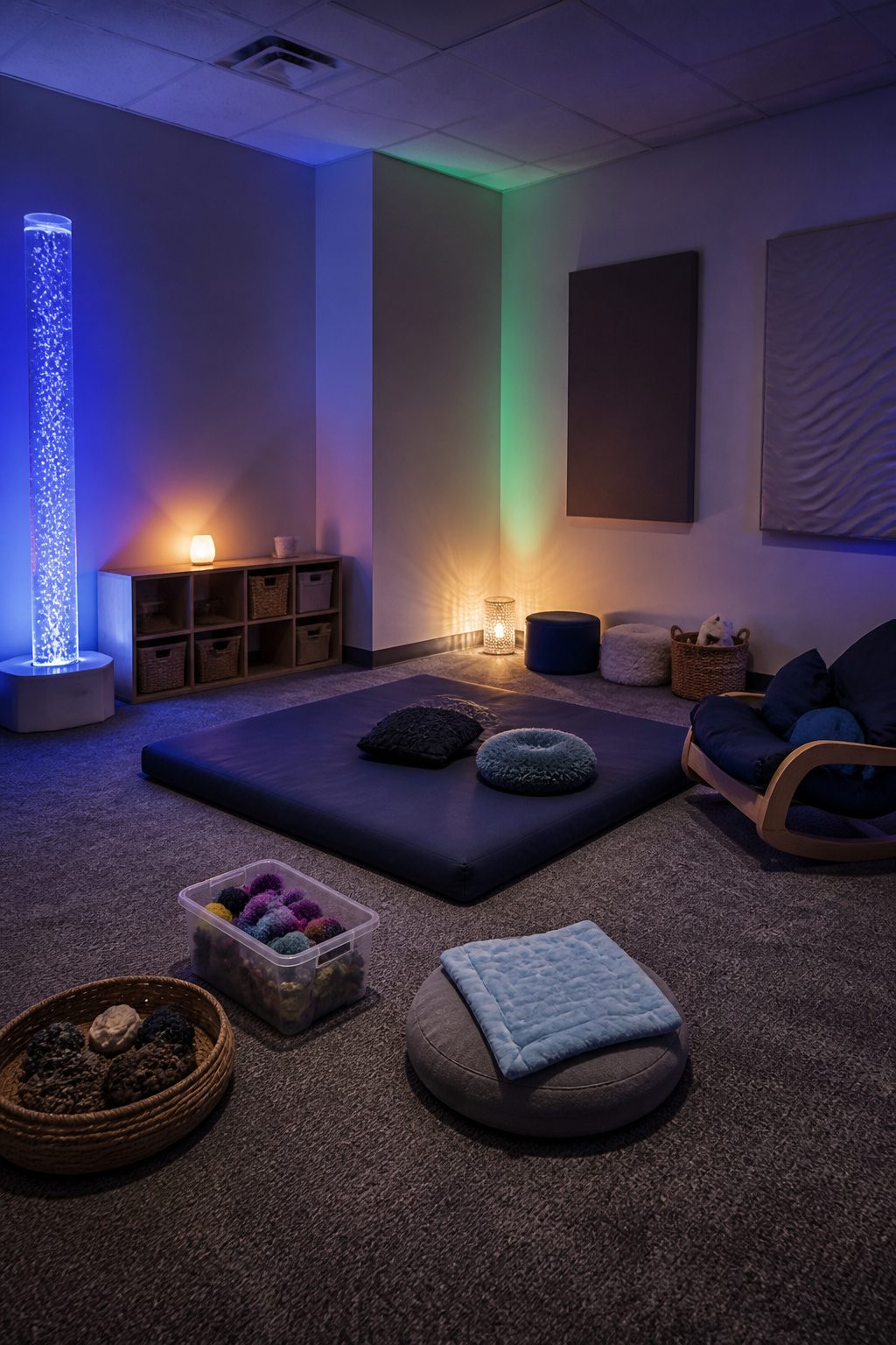 A sensory room equipped with calming elements like weighted lap pads.