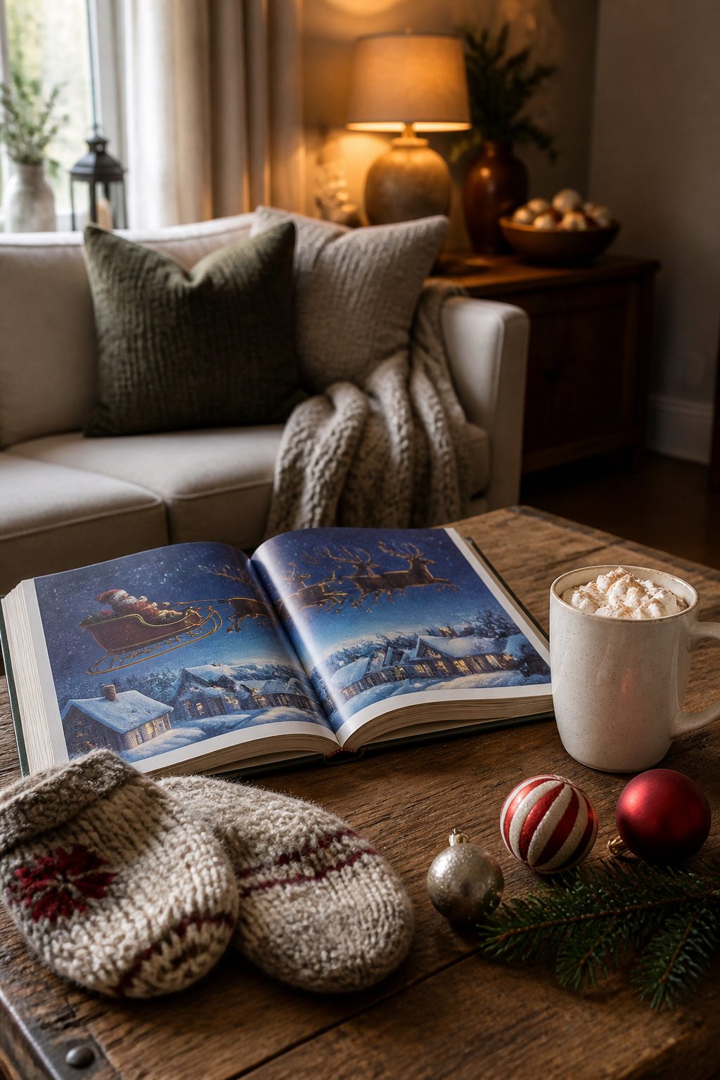 What to Put in a Christmas Eve Box: 15 Ideas for 2026 2 An open book surrounded by knitted socks and hot cocoa.