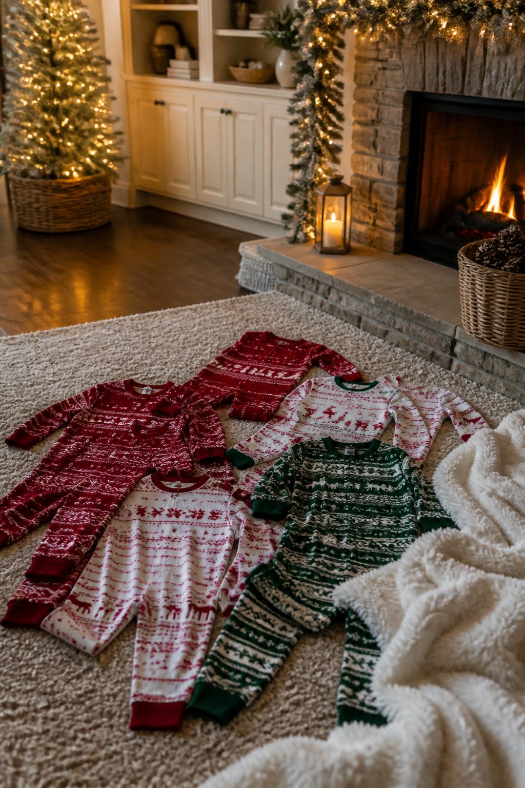 What to Put in a Christmas Eve Box: 15 Ideas for 2026 1 Colorful family pajamas on a neutral rug near a fireplace.