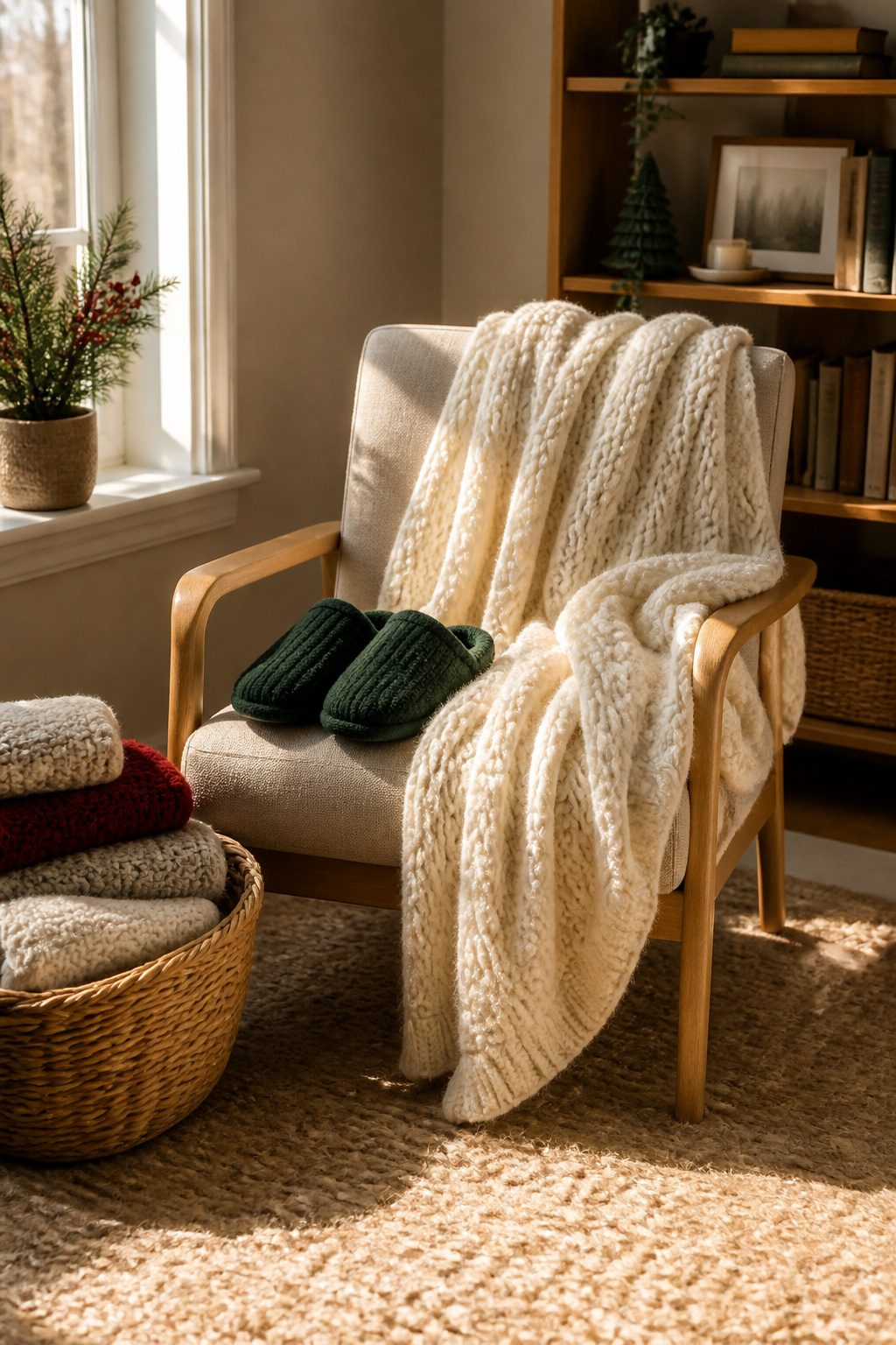 What to Put in a Christmas Eve Box: 15 Ideas for 2026 9 A chunky knit throw and green slippers on a chair.