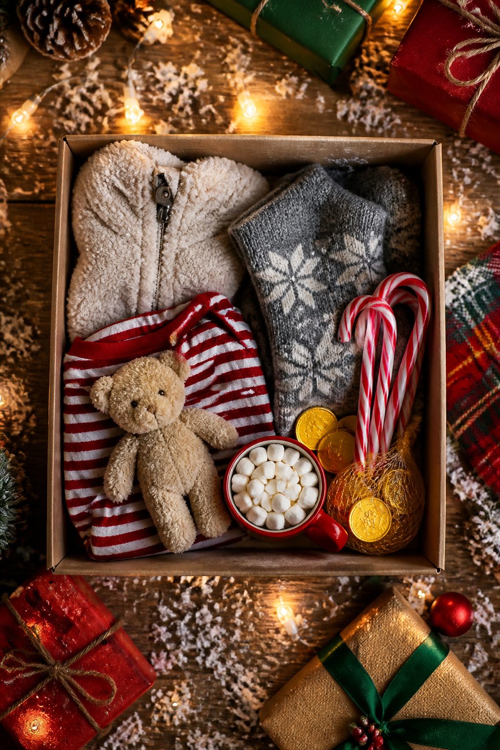 What to Put in a Christmas Eve Box: 15 Ideas for 2026 5 A mesh bag of chocolate coins and candy canes in a box.