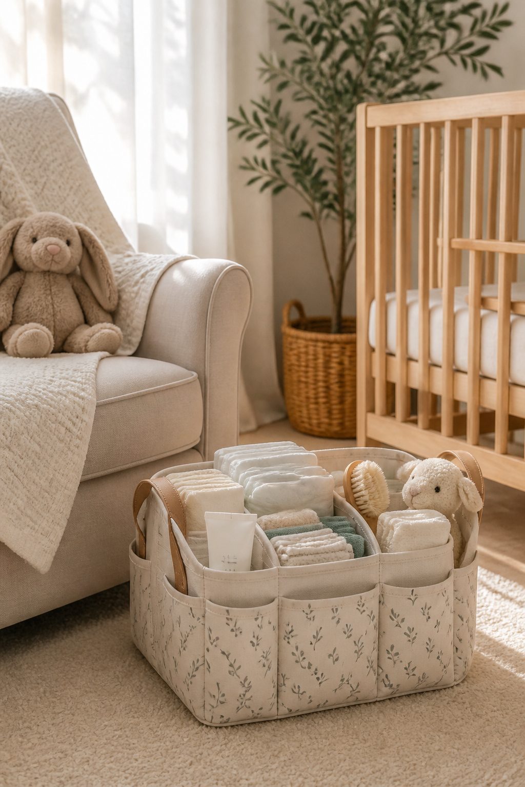 A tube of fragrance-free baby lotion in a diaper caddy.