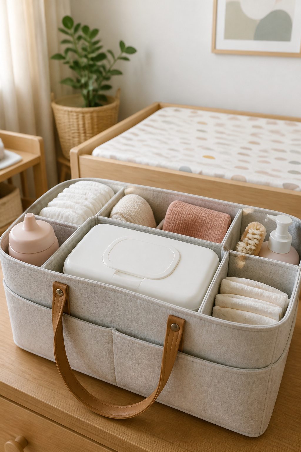 A sealed pack of baby wipes stored in a diaper caddy.