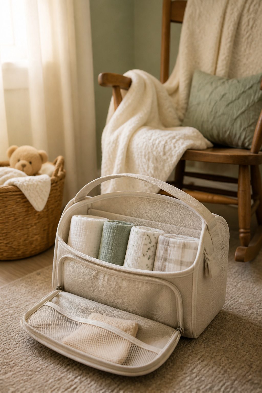 Absorbent burp cloths neatly arranged in a diaper caddy.