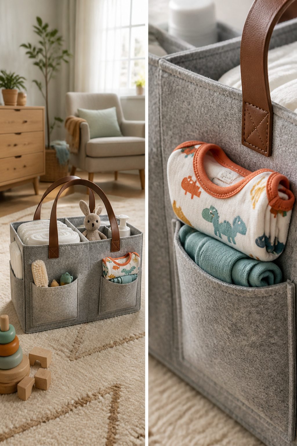 A change of clothes stored in a diaper caddy.