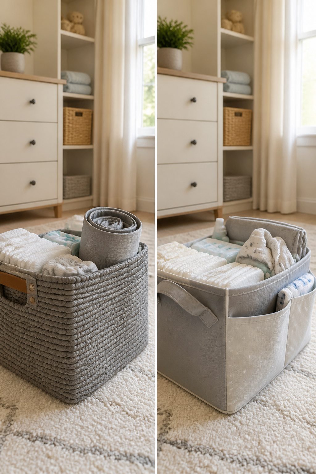 A thin changing pad rolled and stored in a diaper caddy.