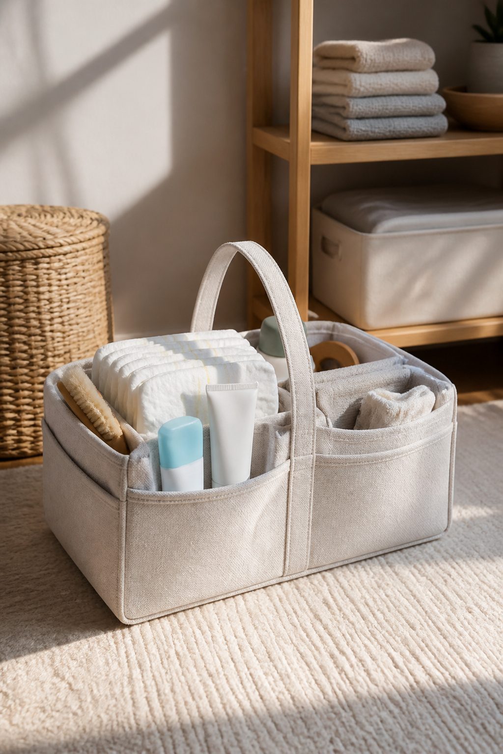Diaper cream tubes organized in a stylish diaper caddy.