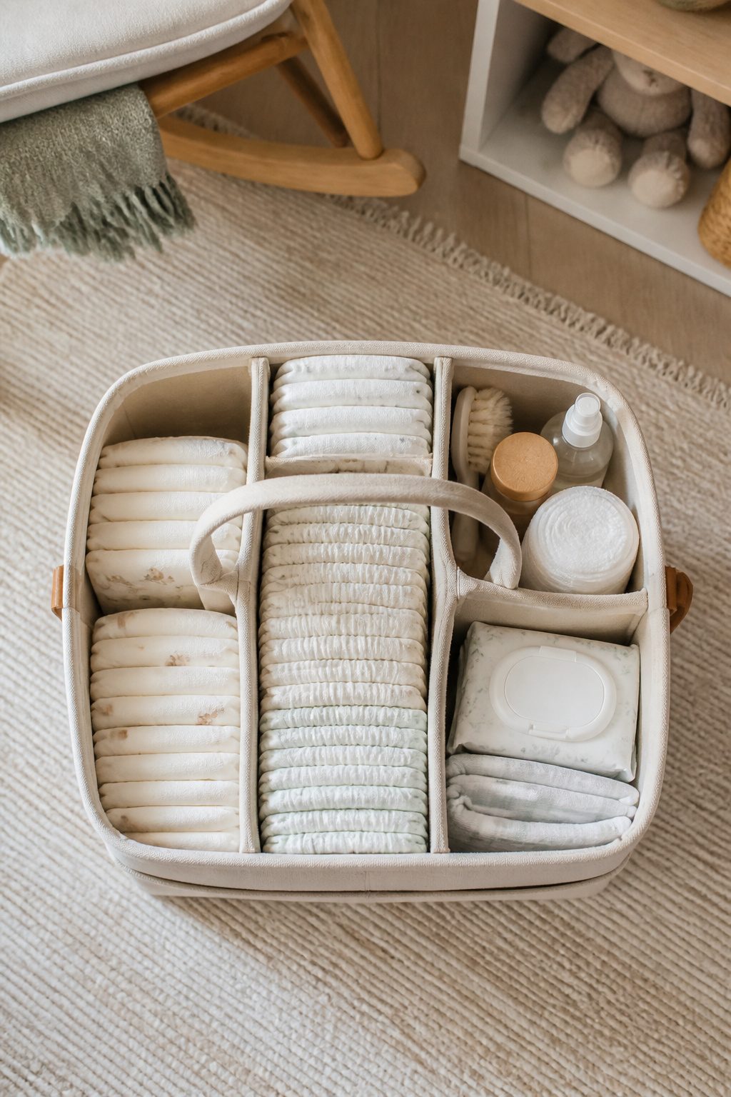 A diaper caddy containing several diapers for easy access.