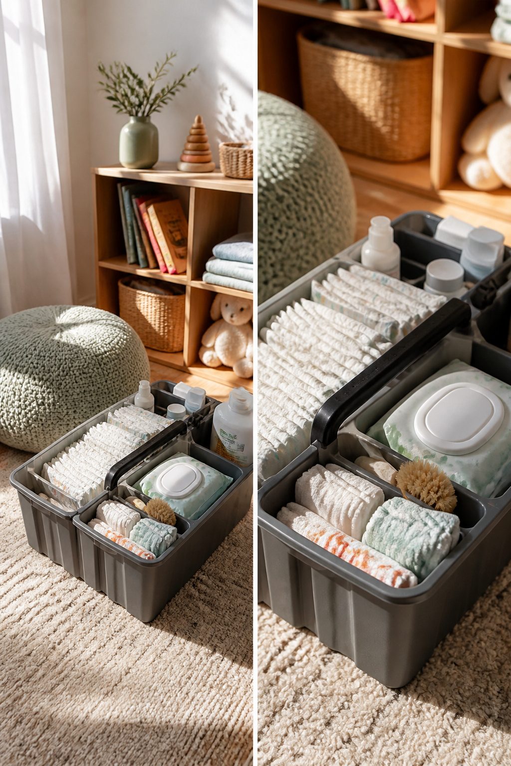 A DIY diaper caddy made from a plastic bin and baskets.