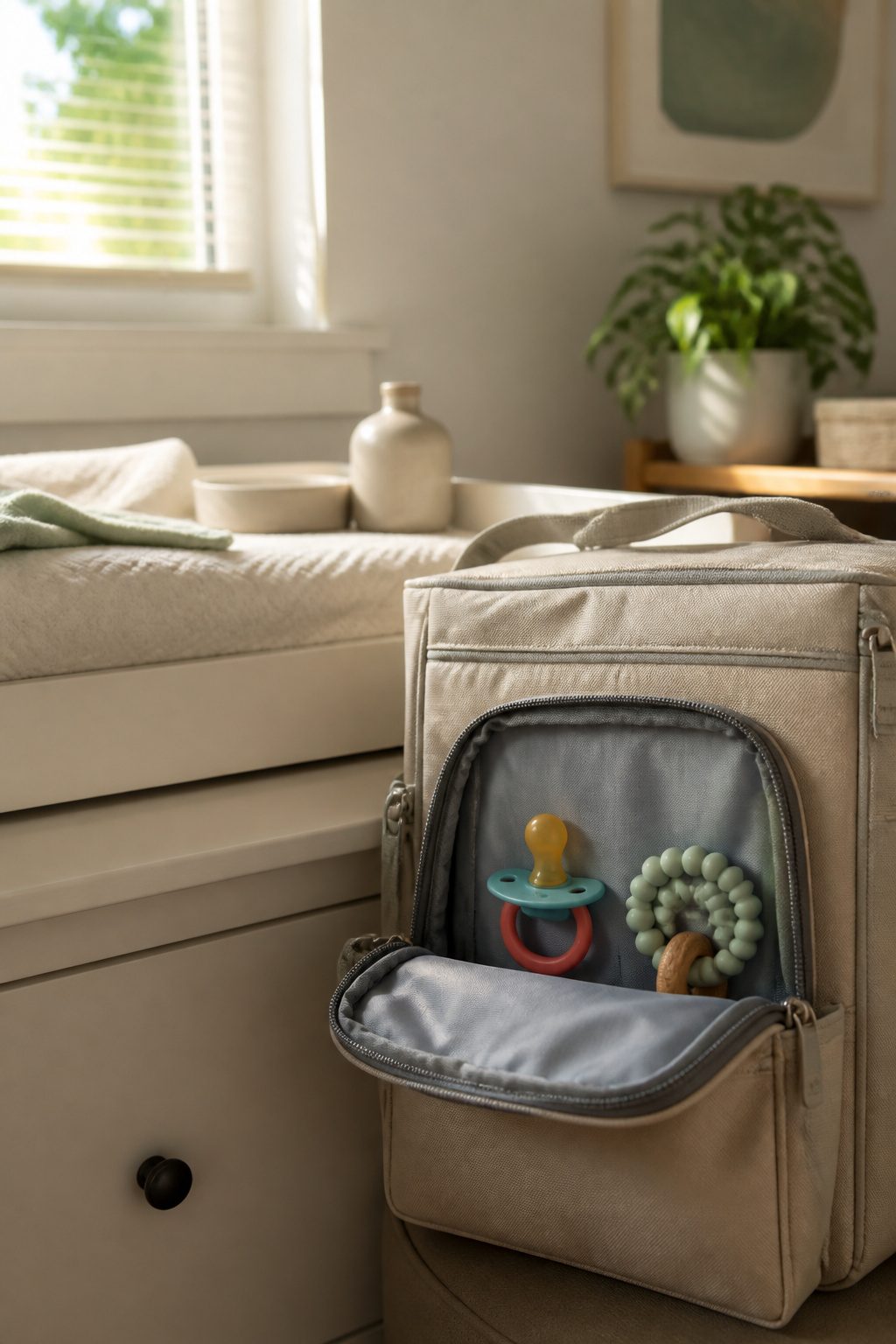 A sealed pacifier and teething ring in a diaper caddy.